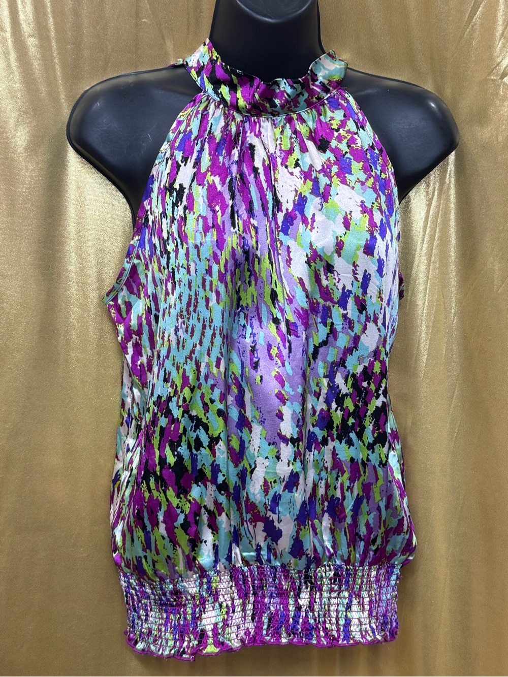 Unique Spectrum Halter Blouse Small Multicolor Tie Keyhole Back Smocked